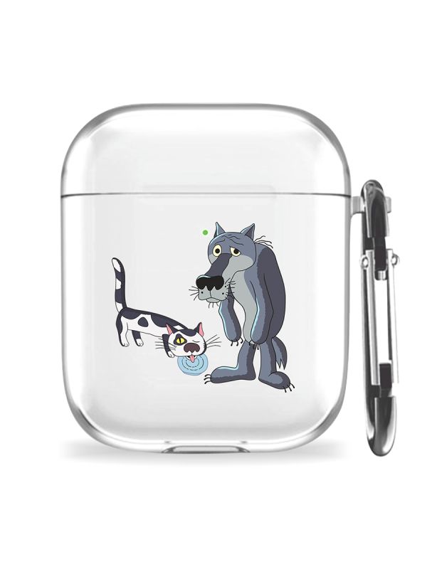 Silicone case Mcover for Apple AirPods 1/2 with carabiner Cat and wolf